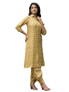 Leriya Fashion RAYON PRINTED A-LINE FRONT OPEN CO-ORD KURTA SET FOR WOMEN (LF-W2126&TR1093-S-YELLOW)