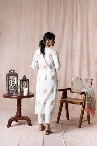 Anni Designer Women'S Cotton Blend Straight Printed Kurta With Pant & Dupatta (Nairiti White_M_White_Medium),White,M,Cotton Blend,Regular,