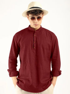 Royalscout Men'S Cotton Polyester Blend Solid Regular Fit Full Sleeve Short Kurta Maroon Maroon M Jm_Button_Maroon_M