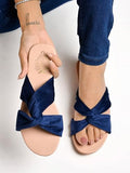 Shoetopia Girls Blue Flat Slide Sandals Soft Suede Knot Strap Casual Summer Slip-Ons For Everyday Comfort Stylish |Footwear Lightweight| Durable Design Perfect For Casual Outings Women Eu37,Blue,4,B0CNVK7F3T