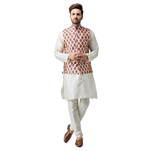Sojanya (Since 1958 Men'S Silk Off-White Kurta Pyjama & Maroon Printed Nehru Jacket Set Size L