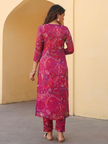 Anni Designer Women'S Rayon Blend Straight Printed Kurta With Pant (Jijaji Pink_Xxl_Pink_Xx-Large),Pink,2XL,Rayon Blend,Regular,kurta with pant