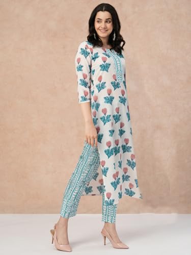 Anni Designer Women'S Cotton Blend Straight Printed Kurta With Pant (Fte19 Blue_L_Blue_Large),Blue,L,Cotton Blend,Regular,
