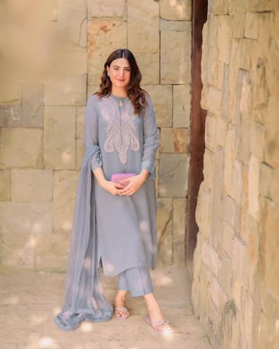 Anni Designer Women'S Cotton Blend Embroidered Straight Kurta With Pant & Dupatta (Gudali Blue_M_Blue_Medium),Blue,M,Cotton Blend,Regular,Kurta,Pant,Dupatta