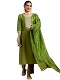 Libas Gerua Womens Yoke Design Silk Blend Straight Kurta With Trousers And Dupatta