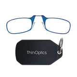 ThinOptics Keychain Readers Rectangular Reading Glasses, Black Case/Blue Frames, 44 mm + 2