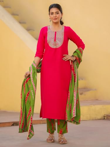 Gosriki Women'S Rayon Blend Embroidered Straight Kurta With Pant & Dupatta (Dhaya Pink-Gs_S_Pink_Small),Pink,,B0CYGHGDNX