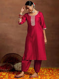 Libas Gerua Womens Yoke Design Silk Blend Straight Kurta With Trousers And Dupatta Red 2Xl Gs969