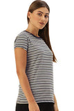 Enamor Essentials Women's Relaxed Fit Short Sleeves Crew Neck Slim Fit Breathable Stretch Regular Length Cotton Tee - EA47(EA47-Black/Beige/Ivory Yd Stripe-M),Blk/Beige/Ivorystrip