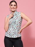 Oomph! Women'S Viscose Rayon Printed Shirt With Collared Neck And Sleeveless,Light BlueApparel,L
