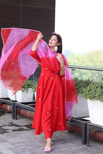 Anni Designer Women'S Cotton Blend Anarkali Embroidered Kurta With Pant & Dupatta (Gsk-Red_L_Red_Large),Red,L,Cotton Blend,Anarkali,Dupatta