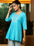Libas Women'S Cotton Blend A-Line Kurtis (58236B_Turquoise