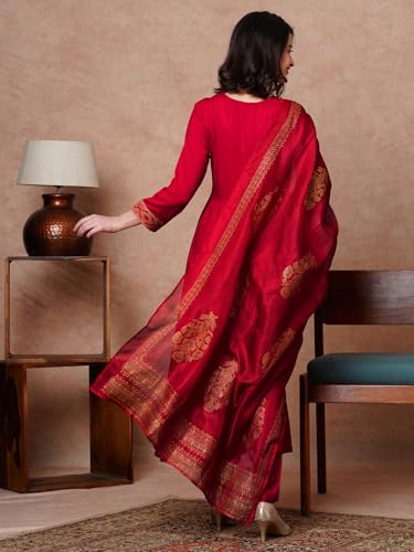 Anni Designer Women'S Rayon Blend Solid Anarkali Kurta With Pant & Dupatta (Magic-Red-Ndm_S_Red_Small),Red,S,Rayon Blend,Anarkali,