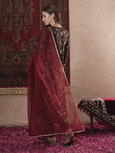 Gosriki Women'S Cotton Blend Straight Printed Kurta With Pant & Dupatta (Sandeepa Black-Gs_S_Black_Small),Black,,B0DM1TBDWT