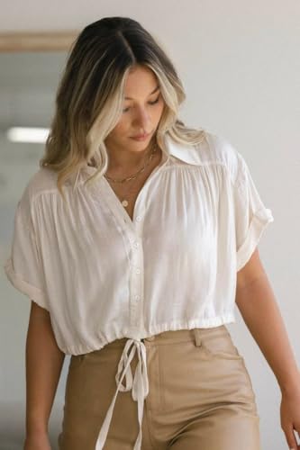 Anni Designer Women'S Short Sleeve Shirt Vintage V-Neck Cotton Blend Solid Regular Buttons Top (Lilo White_M_White_Medium),White,M,,,