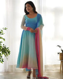 Gosriki Women'S Georgette Anarkali Solid Kurta With Pant & Dupatta (Sade Sky-Gs_S_Sky Blue_Small),Sky Blue,,B0DZ2W14TX