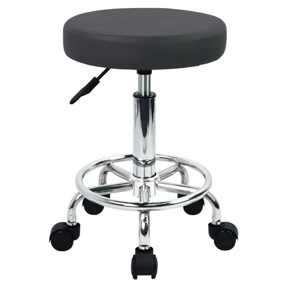 WKWKER Round Rolling Stool with Footrest PU Leather Height Adjustable 360Swivel Stool with Wheels Office Stool Chair Home Dr