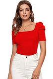 Wedani Women'S Casual Puff Sleeves Solid Top (X-Large Red),Red,XL