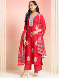 Gosriki Women'S Rayon Viscose Printed Straight Kurta With Pant & Dupatta (Belagavi Red-Vks05-Gs_S_Red_Small),Red,,B0DT75KSKW