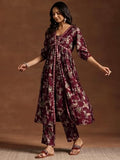 Libas Womens Printed Silk Blend A-Line Kurta With Trousers Maroon 2Xl