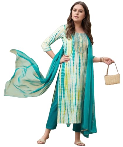 Anni Designer Women'S Rayon Viscose Printed Straight Kurta With Pant & Dupatta (Tiedye Rama Green-Vks07_5Xl_Green_Xxxxx-Large),Green,5XL