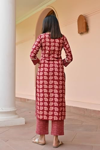 Anni Designer Women'S Cotton Blend Straight Printed Kurta With Pant (Vidula Maroon_Xl_Maroon_X-Large),Maroon,XL,Cotton Blend,Regular,