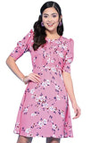 Oomph! Women'S Western & Fusion Wear Below Knee Shift Pink Dress In Crepe Fabric With Round Neck And Puff Sleeves - Md624S