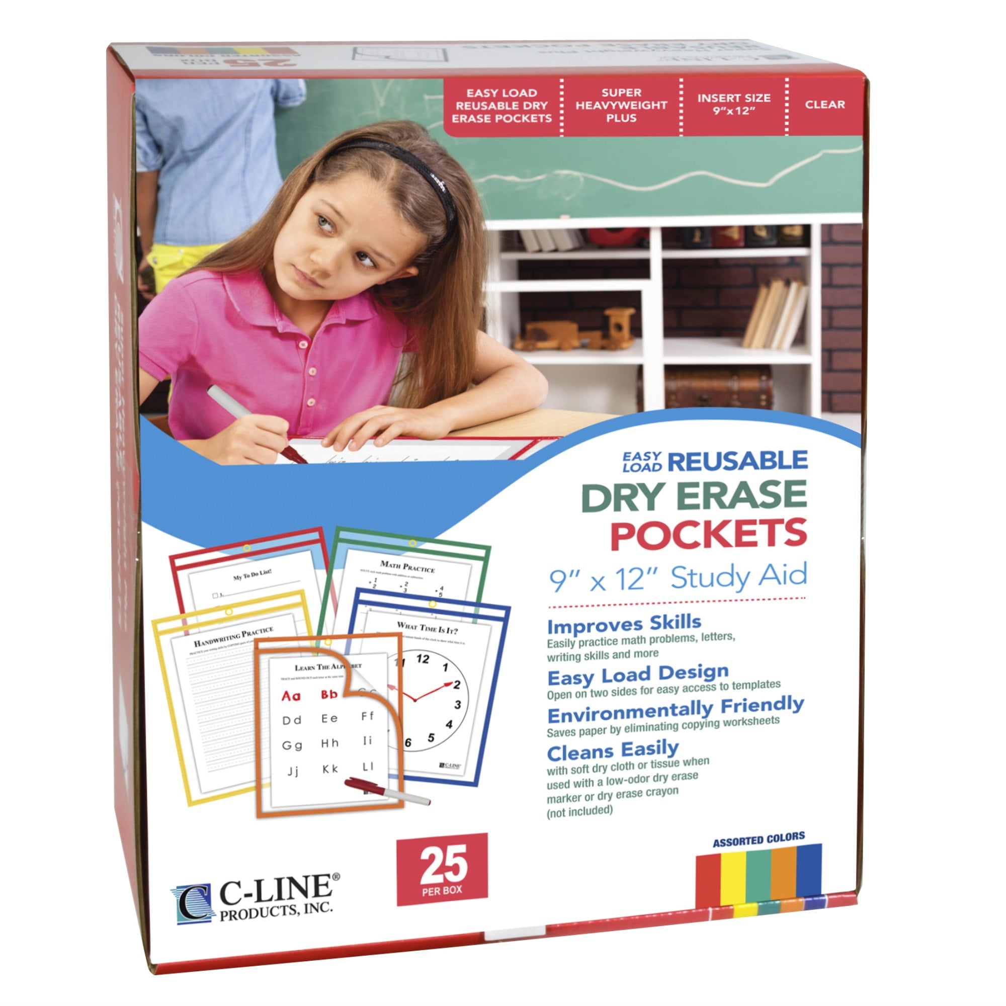 Super Heavyweight Plus Dry Erase Pockets, Assorted Primary Colors, 9 X 12, 25/Bx, 42620