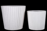 Ceramic Round Pot With Embossed Ribbed Pattern And Tapered Bottom Set Of Two Matte Finish White