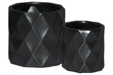 Ceramic Cylindrical Pot With Wide Mouth And Embossed Diamond Design Body Set Of Two Matte Finish Black