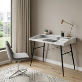 47 White and Black Faux Marble Wood and Iron Parsons Writing Desk