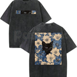 Cat in the Flowers Double-Sided T-Shirt – Retro Washed Botanical Kitten Graphic Tee, Vintage Aesthetic Lightweight Cotton Cat Mom Top