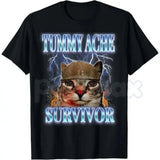Funny "Tummy Ache Survivor" Cat Meme T-Shirt – Sarcastic Graphic Humor Tee, Premium 100% Cotton Relatable Animal Top, Soft Lived-In Heavyweight Dramatic Cat Shirt, Made in USA