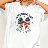 America 250 "Stars and Stripes" Bow T-Shirt – 2026 Semiquincentennial Graphic Tee, Premium 100% Cotton Patriotic Coquette Top, Soft Lived-In Heavyweight USA 250th Anniversary Shirt, Made in USA