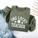 One Lucky Teacher Adult Sweatshirt | Green Varsity Lettering St Patrick's Day Crewneck | Shamrock Accent Teacher Pullover | Lucky Educator Holiday Outfit | Retro Varsity St Pattys Shirt | Soft Cozy Teacher Gift Jumper