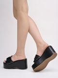 Shoetopia Women'S Black Platform Slip-On Sandals Chunky Wedge Slides With Buckle Strap Stylish Comfortable Durable Perfect For Casual & Party Eu40,Black,7,B0DDJK1ZD9