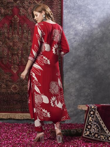 Anni Designer Women'S Rayon Blend Straight Printed Kurta With Pant (Anaar-Red-Vks02_S_Red_Small),Red,S,Rayon Blend,Classic,