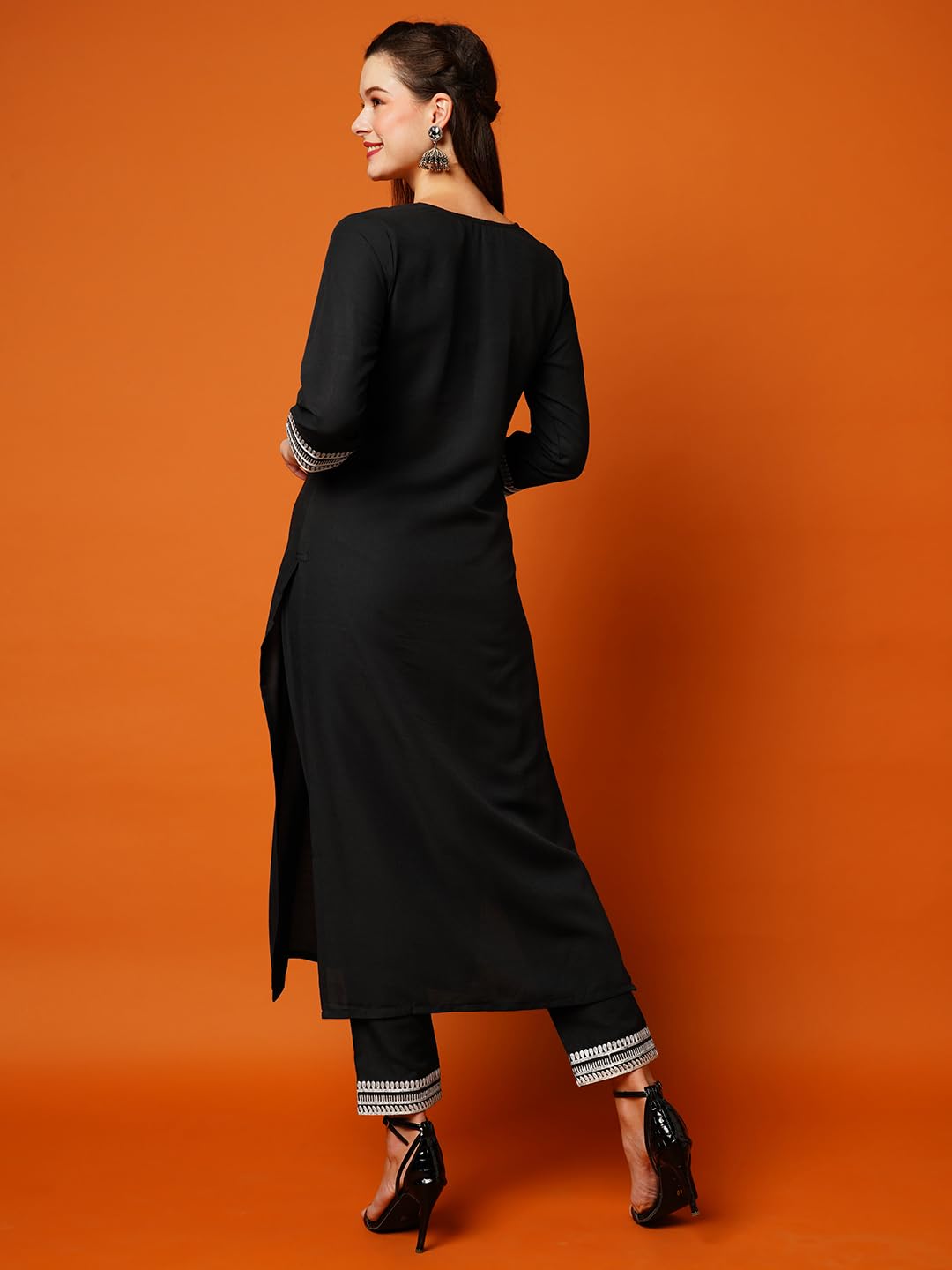 Anni Designer Women'S Cotton Blend Straight Embroidered Kurta With Pant (Dotd-Black-Nk_Xl_Black_X-Large),Black,XL,Cotton Blend,Regular,