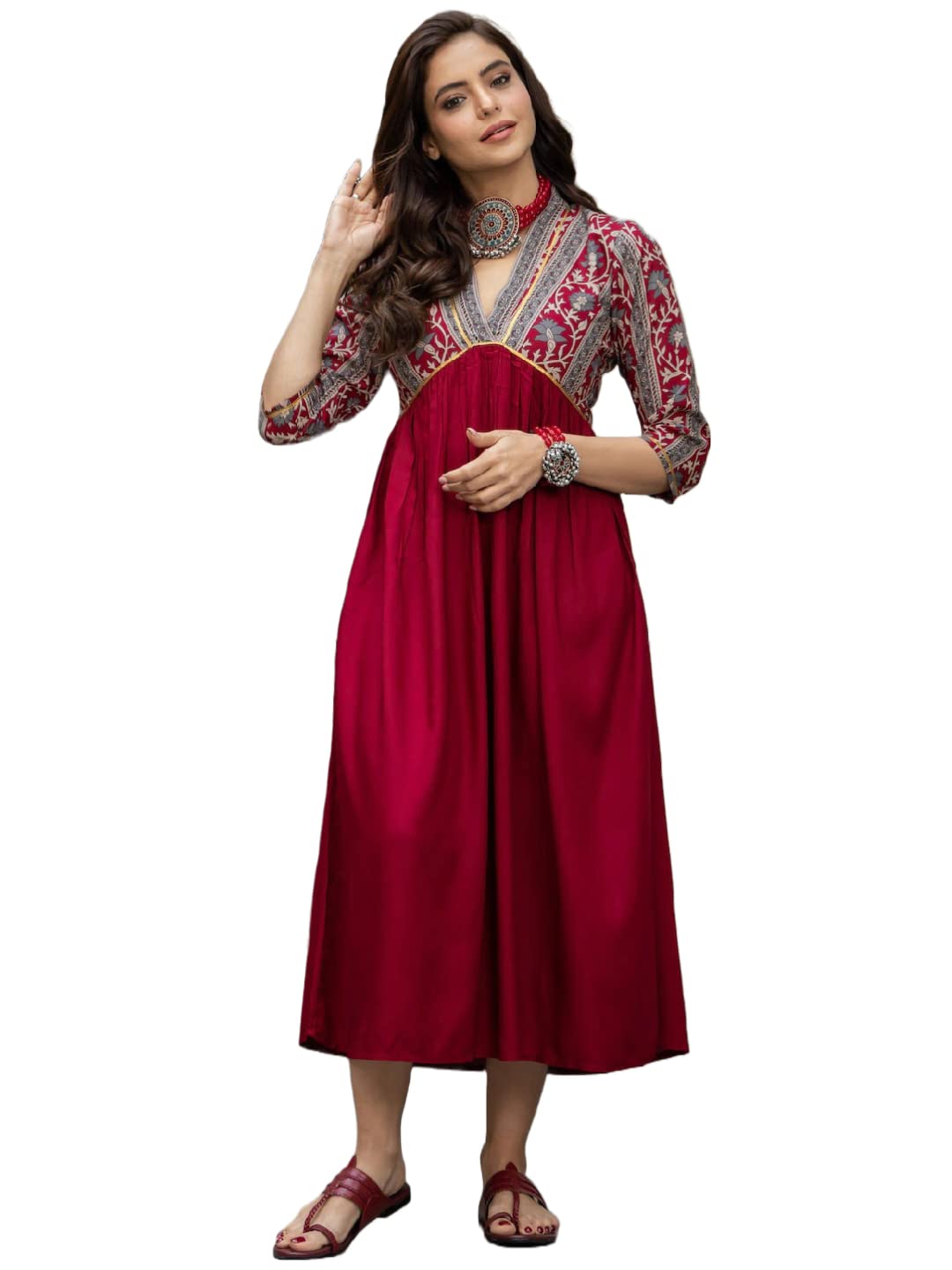 Gosriki Women'S Viscose Rayon Maroon & Grey Printed Flared Kurta (Ruh-Maroon_L-Gs_Maroon_Large),Maroon,,B0C38MQTY3