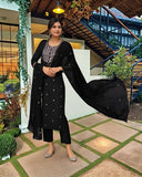 Anni Designer Women'S Rayon Viscose Straight Embroidered Kurta With Pant & Dupatta (Kasturi Black-Vks04_Xl_Black_X-Large),Black,XL,,,