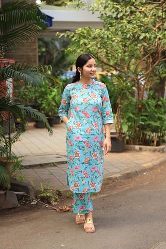 Anni Designer Women'S Cotton Blend Straight Printed Kurta With Pant (Nazuk-Rama_M_Blue_Medium),Blue,M,Cotton Blend,Regular,