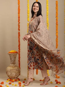 Gosriki Women'S Rayon Blend Printed Straight Kurta With Pant & Dupatta (Kalam Chiku-Vks02-Gs_Xl_Beige_X-Large),Beige,,B0DK9R21XX