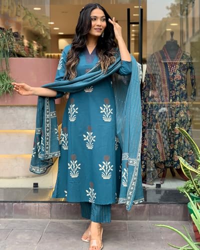 Anni Designer Women'S Rayon Blend Straight Printed Kurta With Pant & Dupatta (Jimny Blue-Vks01_M_Blue_Medium),Blue,M,Rayon Blend,Regular,