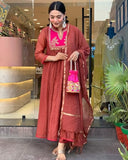 Anni Designer Women'S Rayon Viscose Embroidered Anarkali Kurta With Pant & Dupatta (Brics Rust_L_Rust_Large),Rust,L,Rayon Blend,Anarkali,