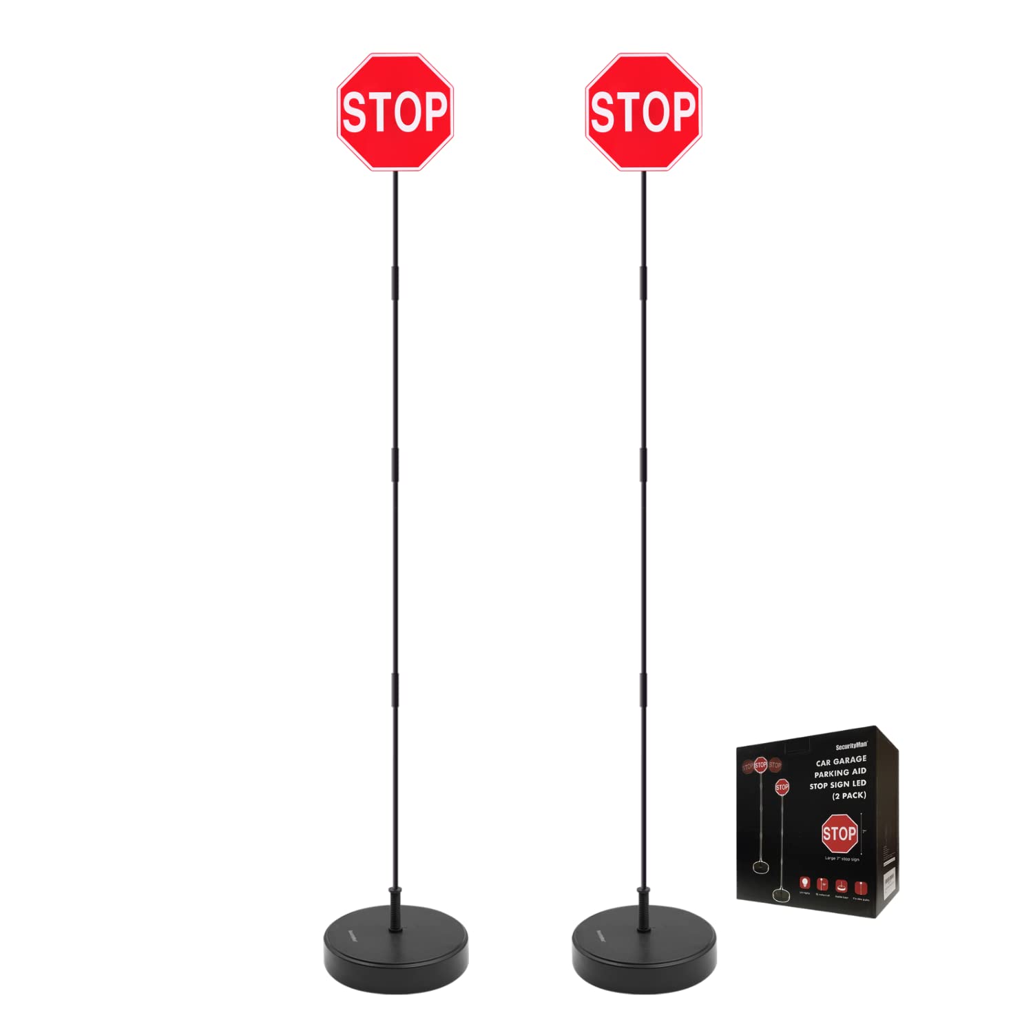 Securityman Led Stop Sign For Garage Parking Assist (2 Pack) - Stress Free - Large 7 Sign, Bright Red Leds, Adjustable Height 