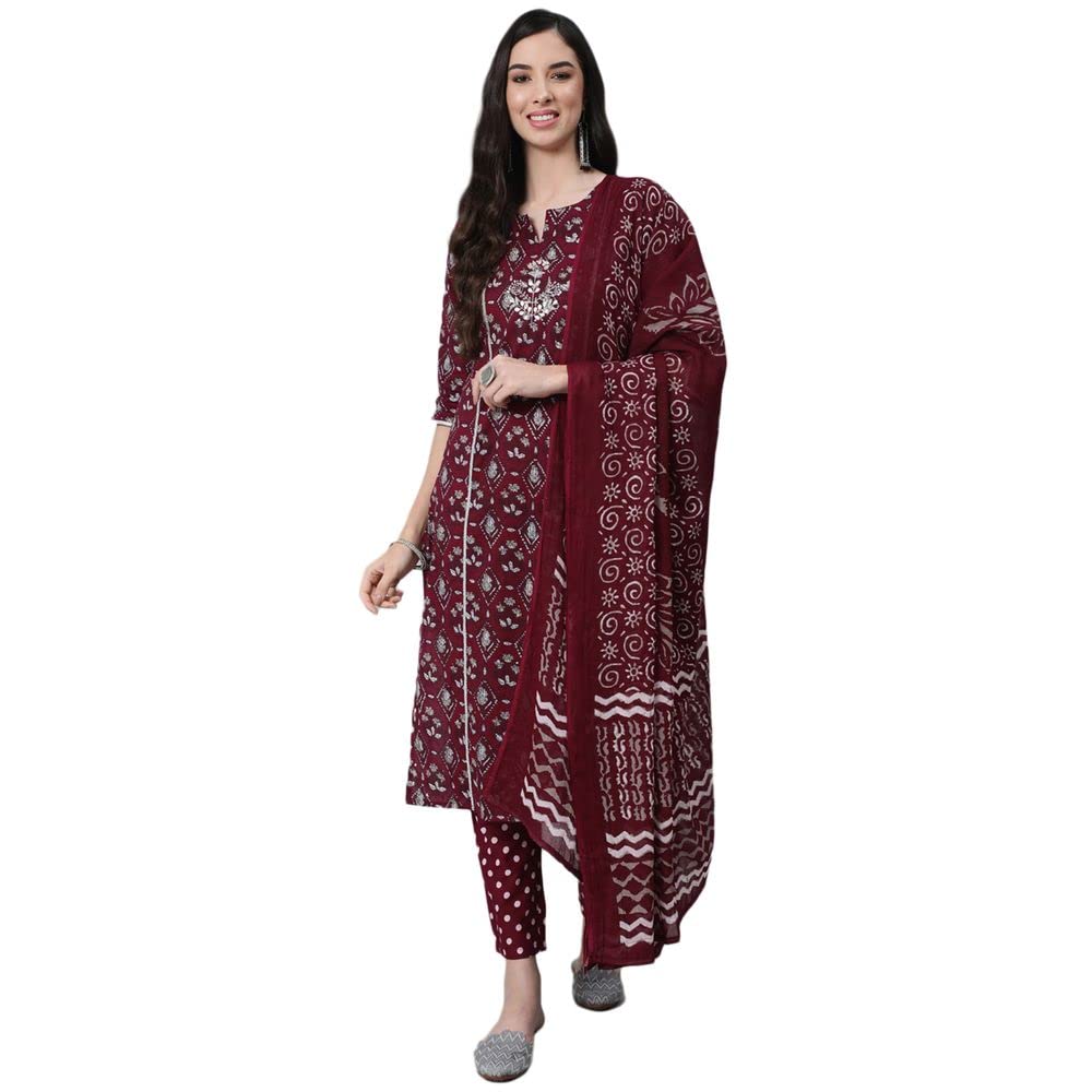 anubhutee Women Maroon Ethnic Motifs Thread Work Pure Cotton Kurta with Trousers With Dupatta
