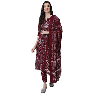 anubhutee Women Maroon Ethnic Motifs Thread Work Pure Cotton Kurta with Trousers With Dupatta