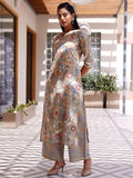Libas Womens Printed Silk Blend Straight Kurta With Palazzos And Dupatta Grey Xl