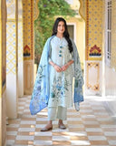 Anni Designer Women'S Cotton Blend Printed Straight Kurta With Pant & Dupatta (Durjan Blue_M_Blue_Medium),Blue,M,Cotton Blend,Regular,Kurta, Scarf