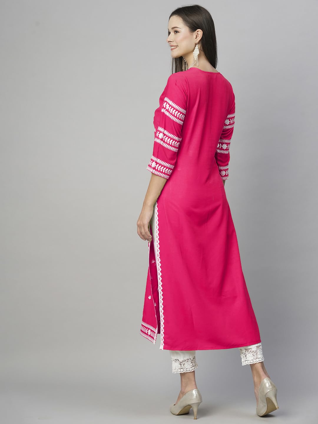 Anni Designer Women'S Cotton Blend Chikankari Embroidered Straight Kurta (Stho-Pink_Xl_Pink_X-Large),Pink,XL,Cotton Blend,Regular,Kurta